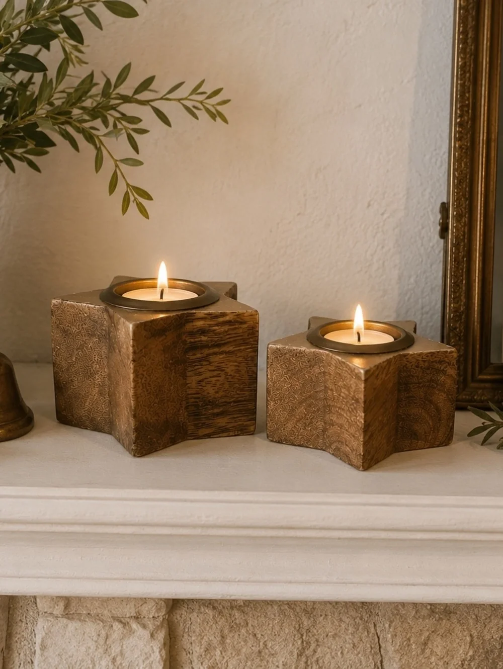 Hallmark Wood Star Tea Light Candle Holders Set of 2 Gold Tone